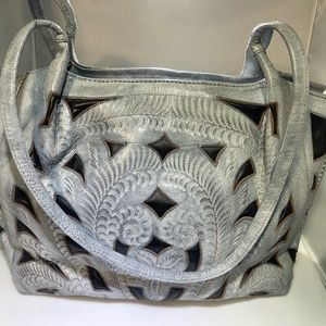 Leaders in Leather Carved Tote - Exquisite Craftsmanship in Light Blue